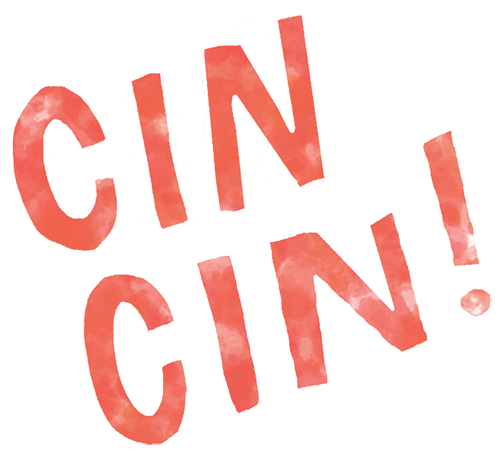 Illustration in watercolor of words saying "Cin Cin!"