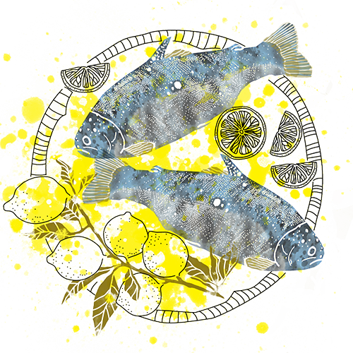 Illustration of a plate with fish and lemons.