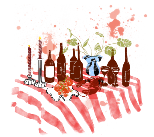 Illustration in watercolor of a table set with winebottles and wine glasses, food and candles.