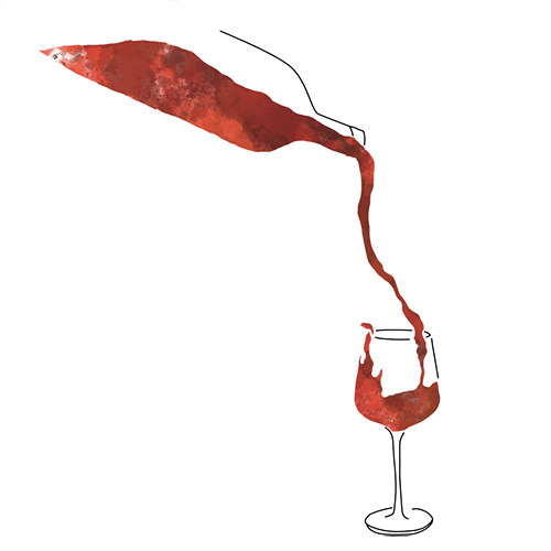 Illustration of a bottle with red wine, pouring a wine glass.