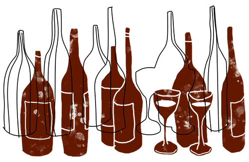 Illustrations of wine bottles and wine glasses.