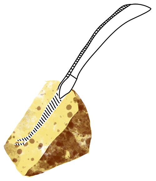 Illustration of a piece of cheese with a knive.