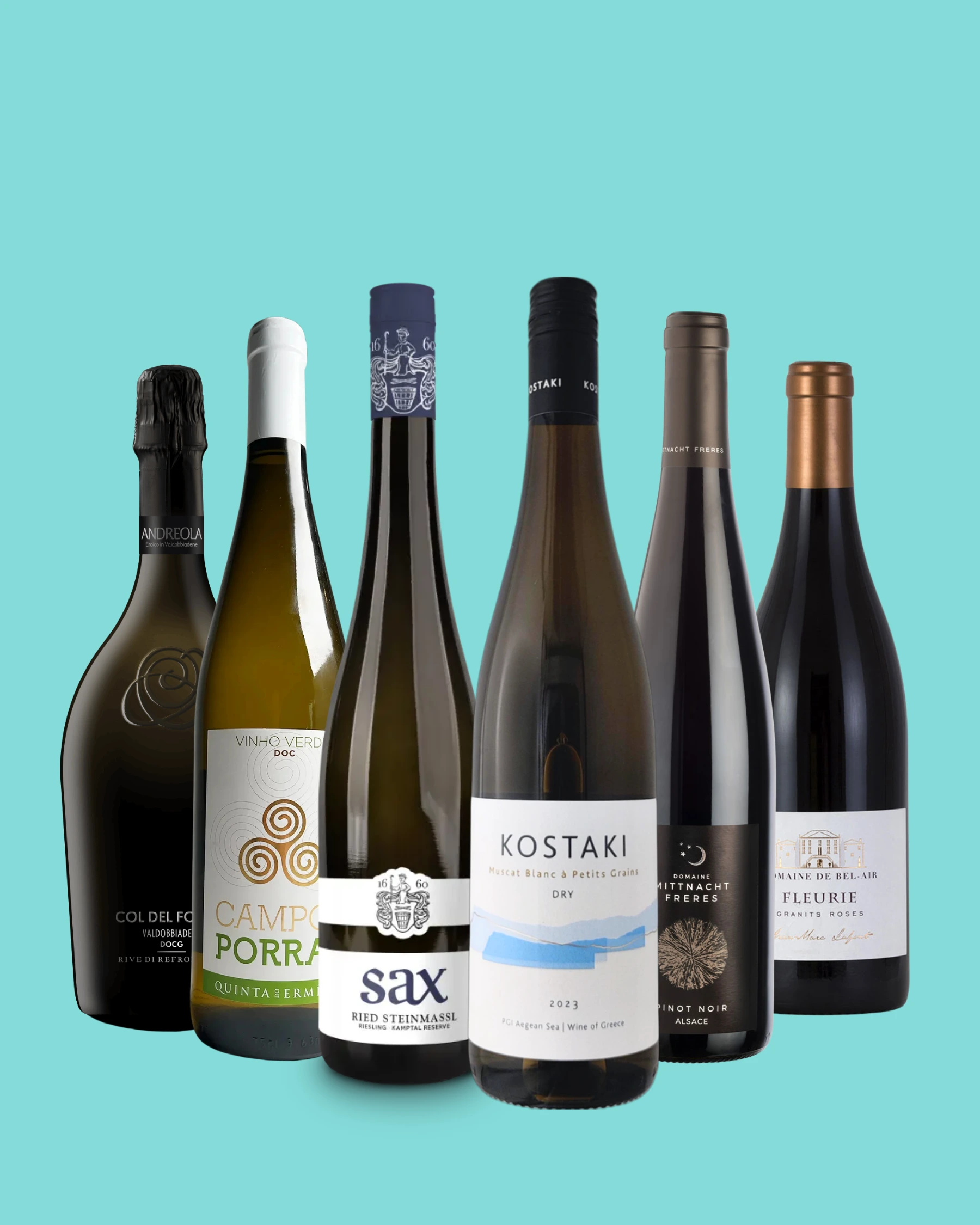 Produktbild på sex flaskor vin som passar till asiatisk mat.