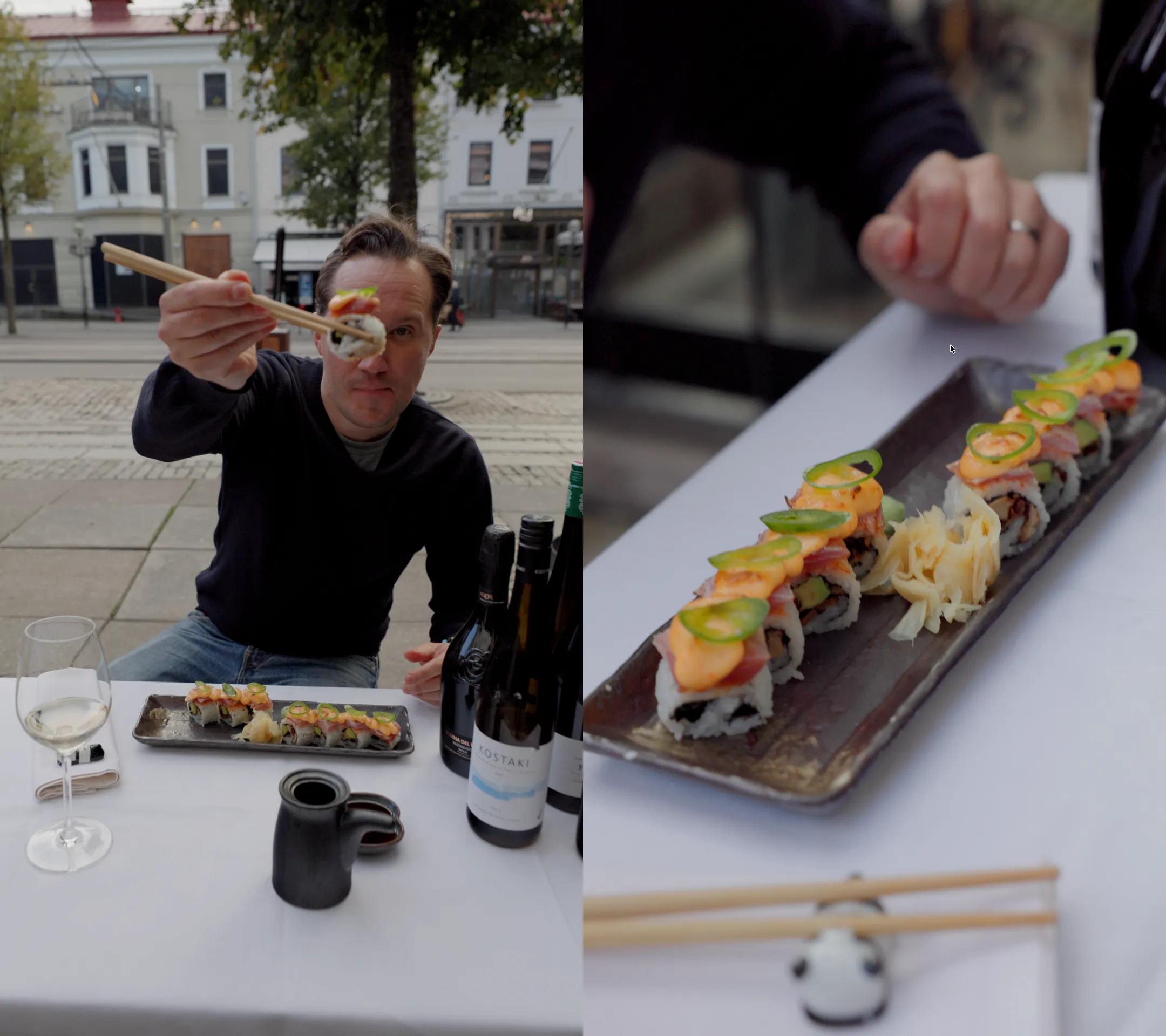 Bild på Fredrik Lindfors, sommelier och produktchef på Belle Maison, när han äter spicy tuna och dricker väl valda viner.